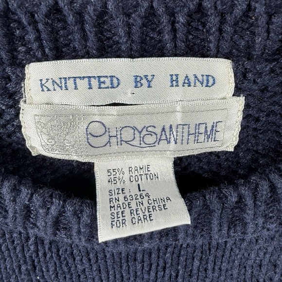 Hand Knit Sweater Womens L Navy Blue Floral Heavy Pullover Heavy Grandma Boho - Picture 6 of 11